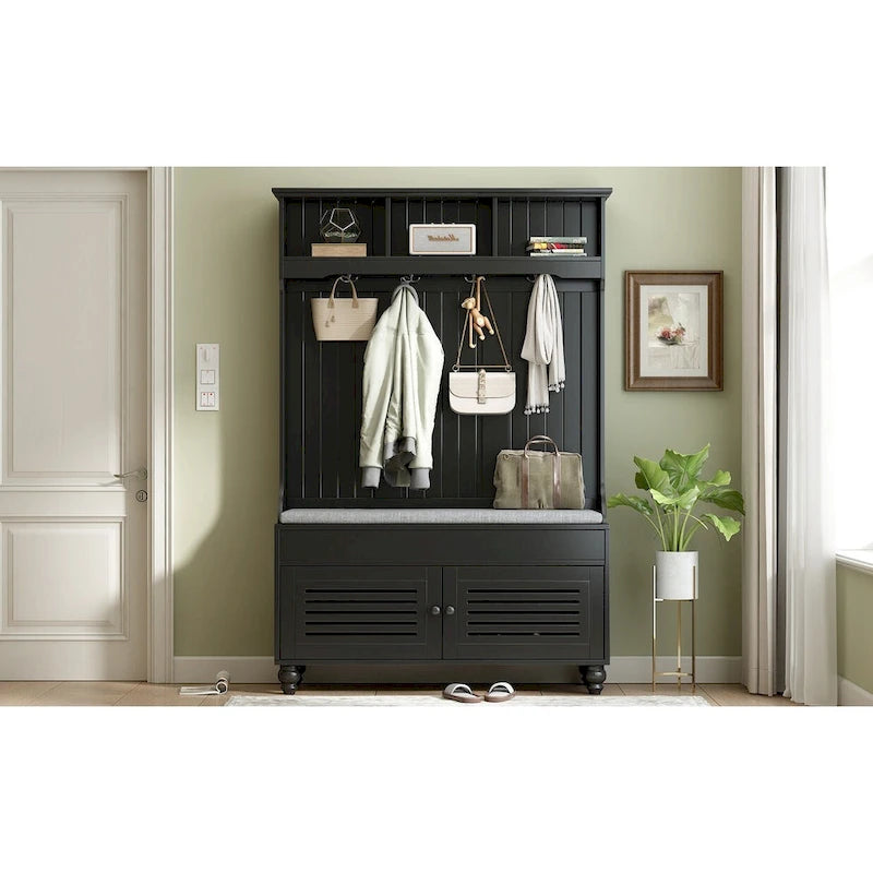 5-in-1 Hall Tree with Shutter Doors, Storage Bench, Coat Rack and 4 Hooks - 47.2" Wide