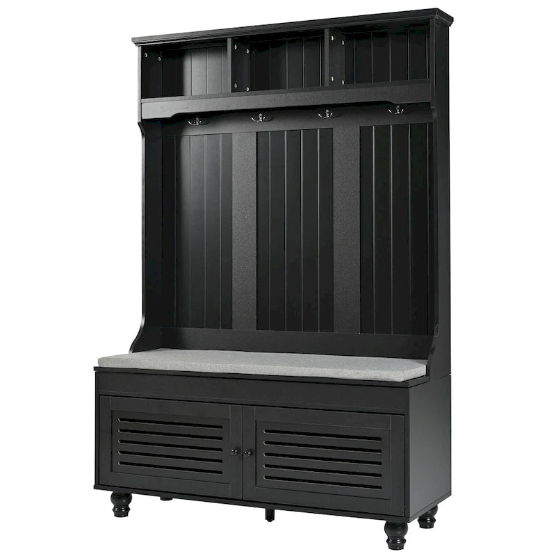 5-in-1 Hall Tree with Shutter Doors, Storage Bench, Coat Rack and 4 Hooks - 47.2" Wide