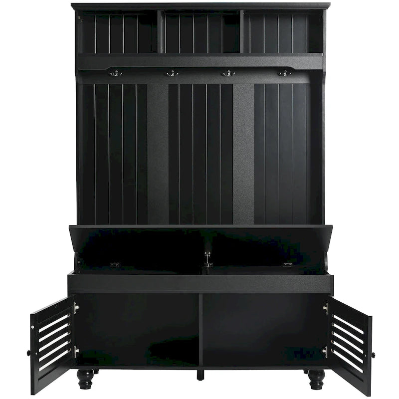 5-in-1 Hall Tree with Shutter Doors, Storage Bench, Coat Rack and 4 Hooks - 47.2" Wide