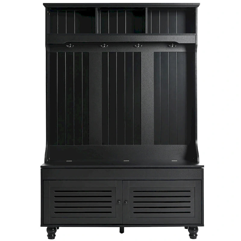 5-in-1 Hall Tree with Shutter Doors, Storage Bench, Coat Rack and 4 Hooks - 47.2" Wide