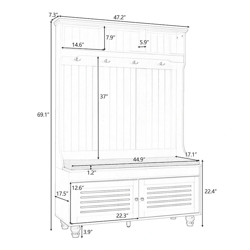 5-in-1 Hall Tree with Shutter Doors, Storage Bench, Coat Rack and 4 Hooks - 47.2" Wide