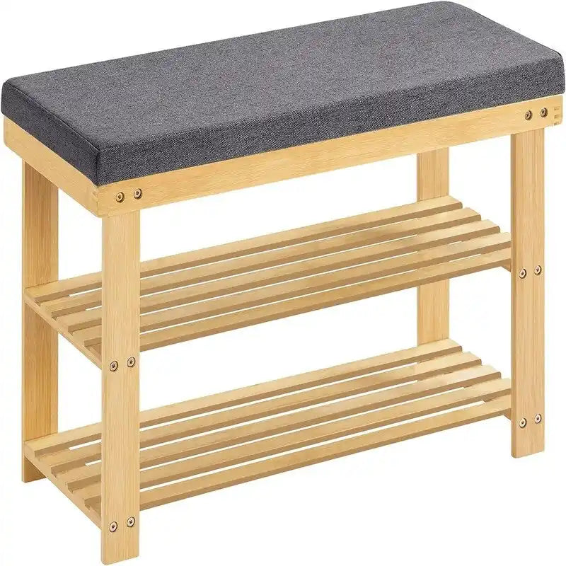 Bamboo Shoe Bench with 2 Shelves and Padded Seat - Entryway Shoe Rack