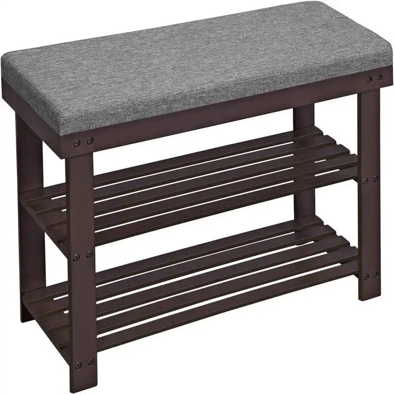 Bamboo Shoe Bench with 2 Shelves and Padded Seat - Entryway Shoe Rack
