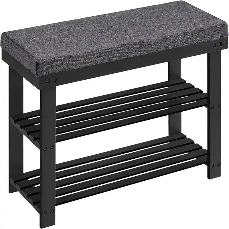 Bamboo Shoe Bench with 2 Shelves and Padded Seat - Entryway Shoe Rack