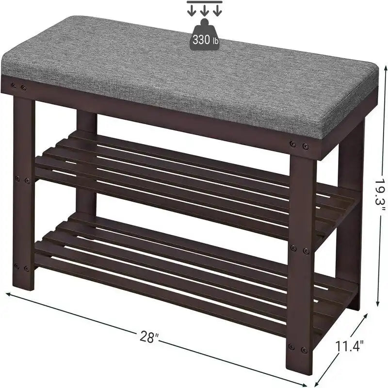 Bamboo Shoe Bench with 2 Shelves and Padded Seat - Entryway Shoe Rack