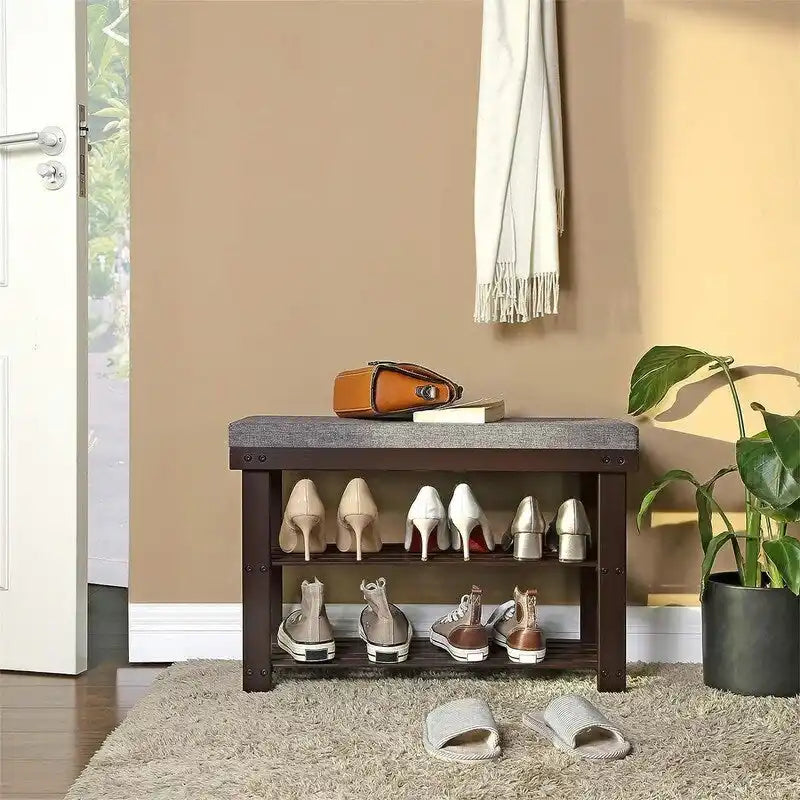 Bamboo Shoe Bench with 2 Shelves and Padded Seat - Entryway Shoe Rack