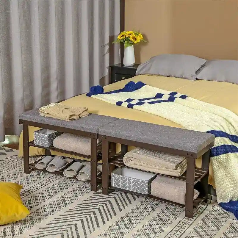 Bamboo Shoe Bench with 2 Shelves and Padded Seat - Entryway Shoe Rack