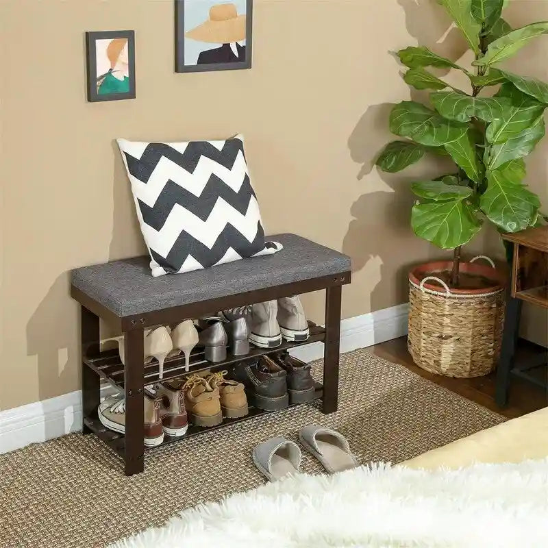 Bamboo Shoe Bench with 2 Shelves and Padded Seat - Entryway Shoe Rack