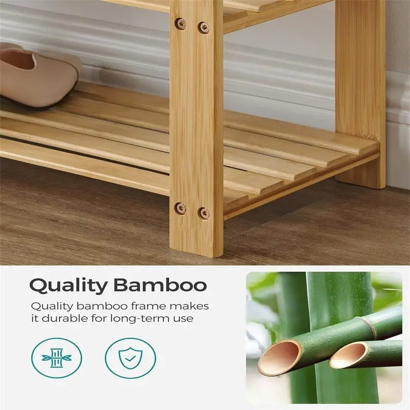 Bamboo Shoe Bench with 2 Shelves and Padded Seat - Entryway Shoe Rack