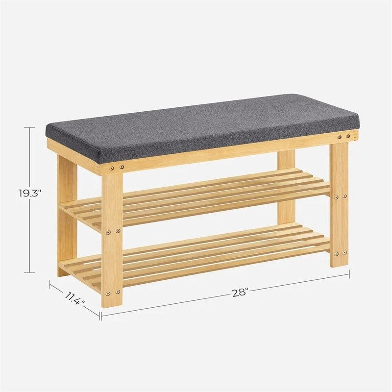Bamboo Shoe Bench with 2 Shelves and Padded Seat - Entryway Shoe Rack