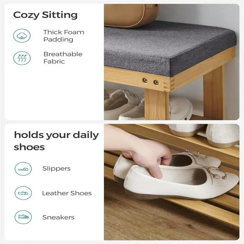 Bamboo Shoe Bench with 2 Shelves and Padded Seat - Entryway Shoe Rack