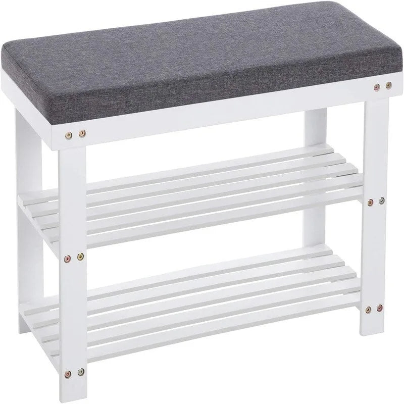Bamboo Shoe Bench with 2 Shelves and Padded Seat - Entryway Shoe Rack