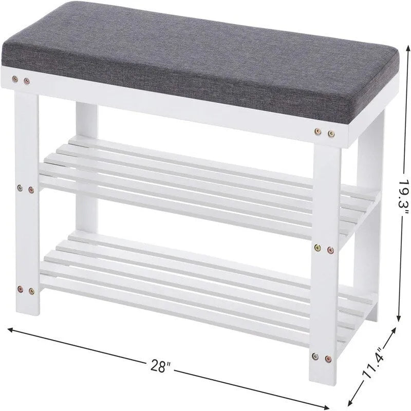 Bamboo Shoe Bench with 2 Shelves and Padded Seat - Entryway Shoe Rack