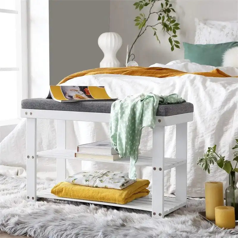Bamboo Shoe Bench with 2 Shelves and Padded Seat - Entryway Shoe Rack