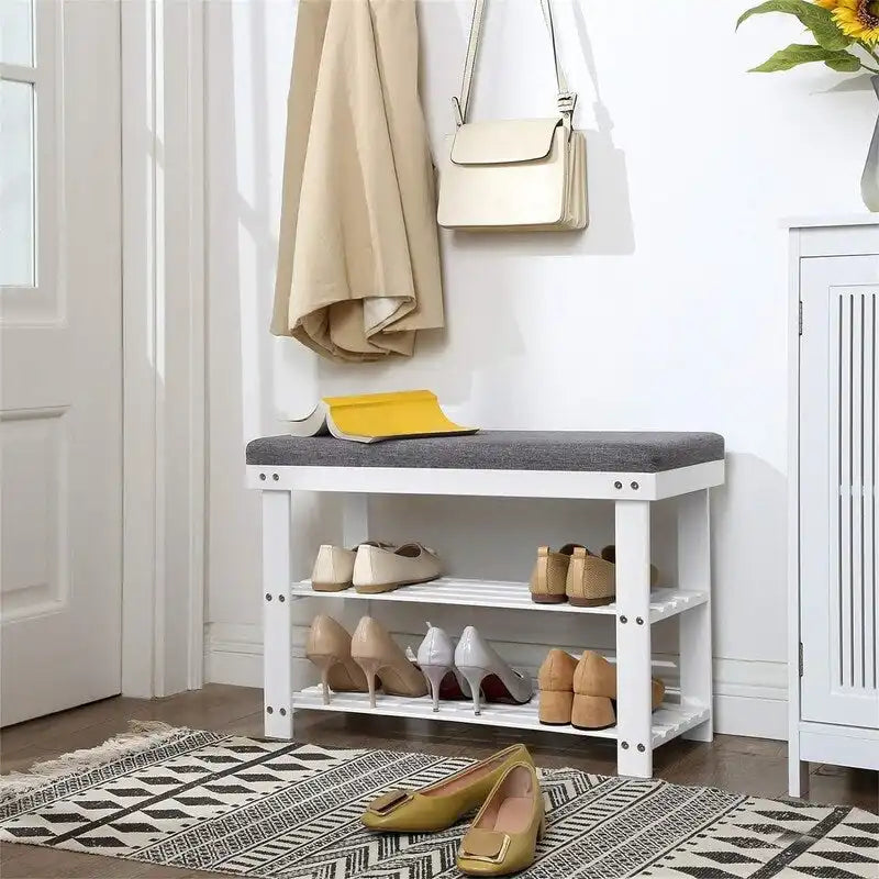 Bamboo Shoe Bench with 2 Shelves and Padded Seat - Entryway Shoe Rack