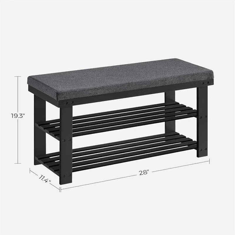 Bamboo Shoe Bench with 2 Shelves and Padded Seat - Entryway Shoe Rack
