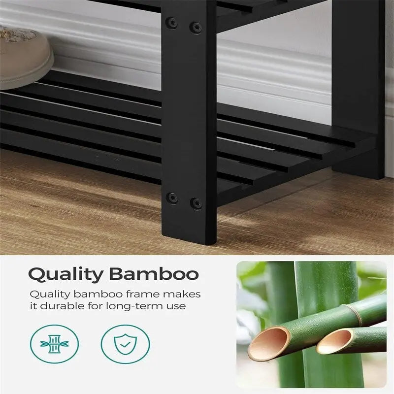 Bamboo Shoe Bench with 2 Shelves and Padded Seat - Entryway Shoe Rack