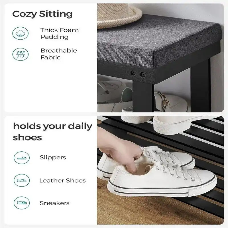 Bamboo Shoe Bench with 2 Shelves and Padded Seat - Entryway Shoe Rack