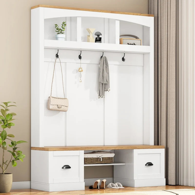 Hall Tree with Shoe Cubbies, Coat Rack and Storage Bench