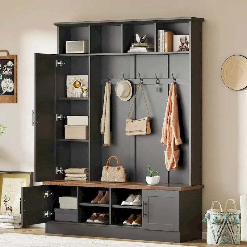 Hall Tree with Shoe Cubbies, Coat Rack and Storage Bench