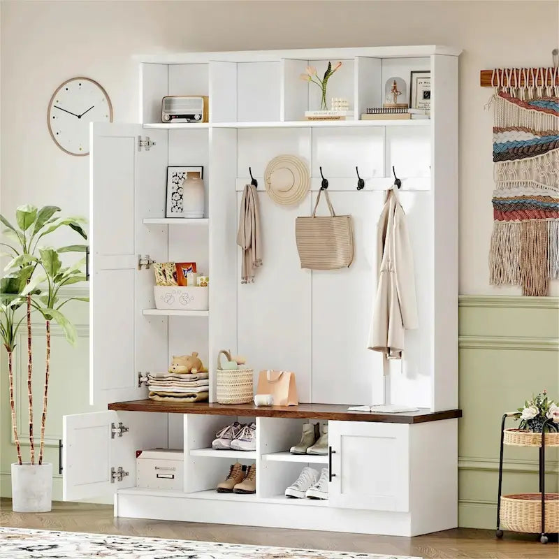 Hall Tree with Shoe Cubbies, Coat Rack and Storage Bench