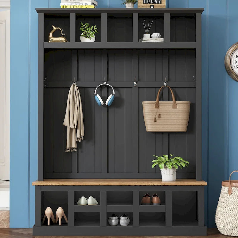 Hall Tree with Shoe Cubbies, Coat Rack and Storage Bench