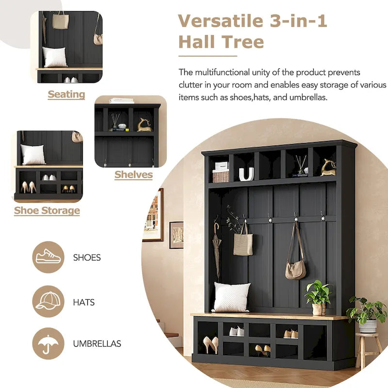Hall Tree with Shoe Cubbies, Coat Rack and Storage Bench