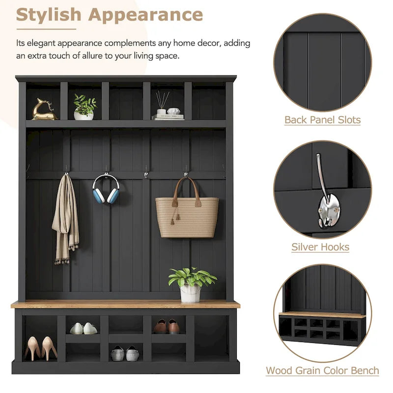 Hall Tree with Shoe Cubbies, Coat Rack and Storage Bench