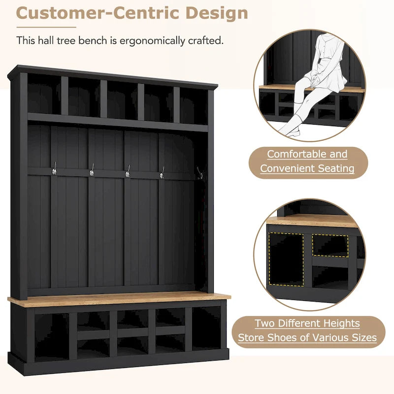 Hall Tree with Shoe Cubbies, Coat Rack and Storage Bench