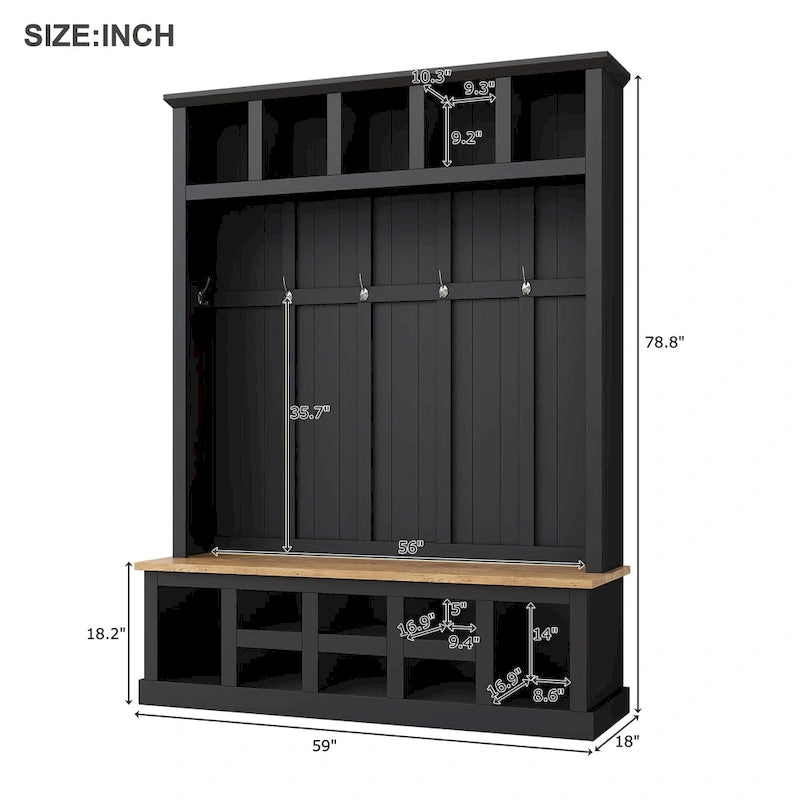 Hall Tree with Shoe Cubbies, Coat Rack and Storage Bench