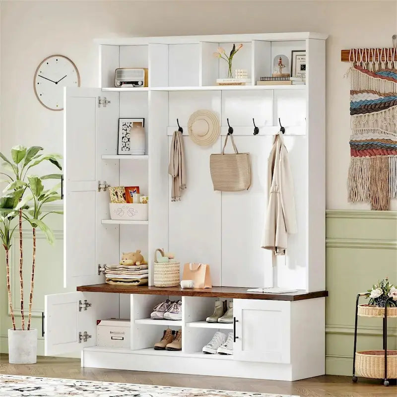 Hall Tree with Shoe Cubbies, Coat Rack and Storage Bench