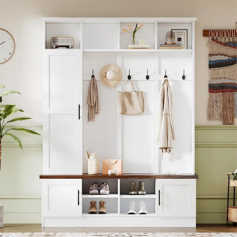 Hall Tree with Shoe Cubbies, Coat Rack and Storage Bench