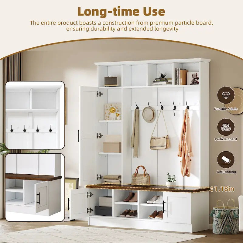 Hall Tree with Shoe Cubbies, Coat Rack and Storage Bench