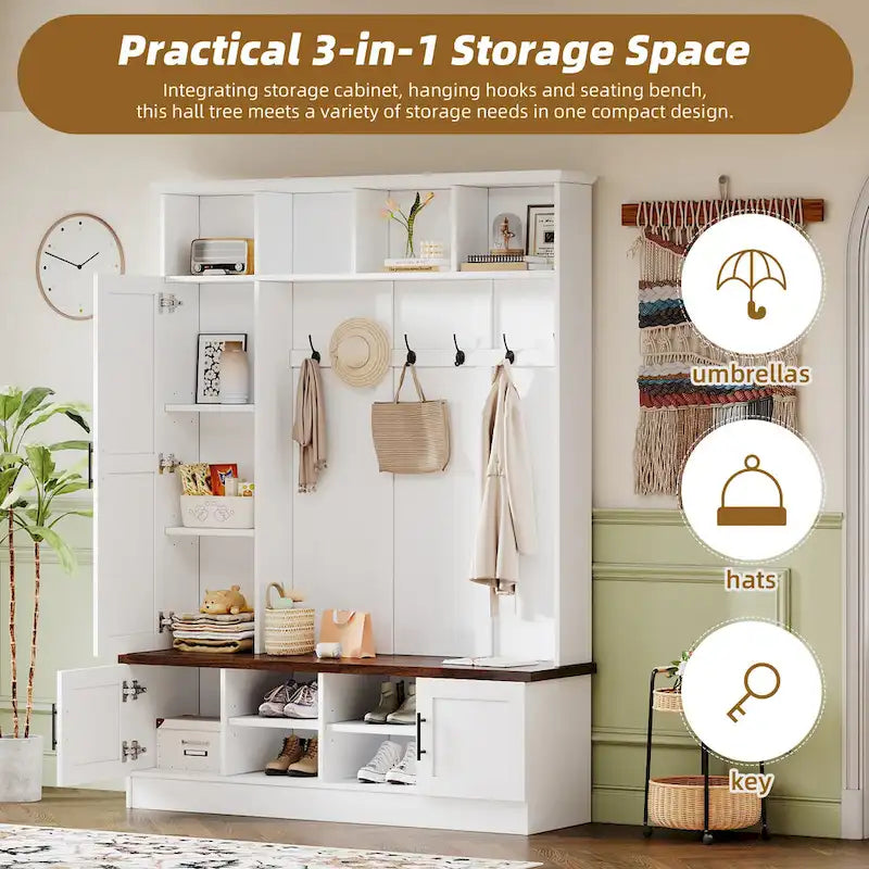 Hall Tree with Shoe Cubbies, Coat Rack and Storage Bench