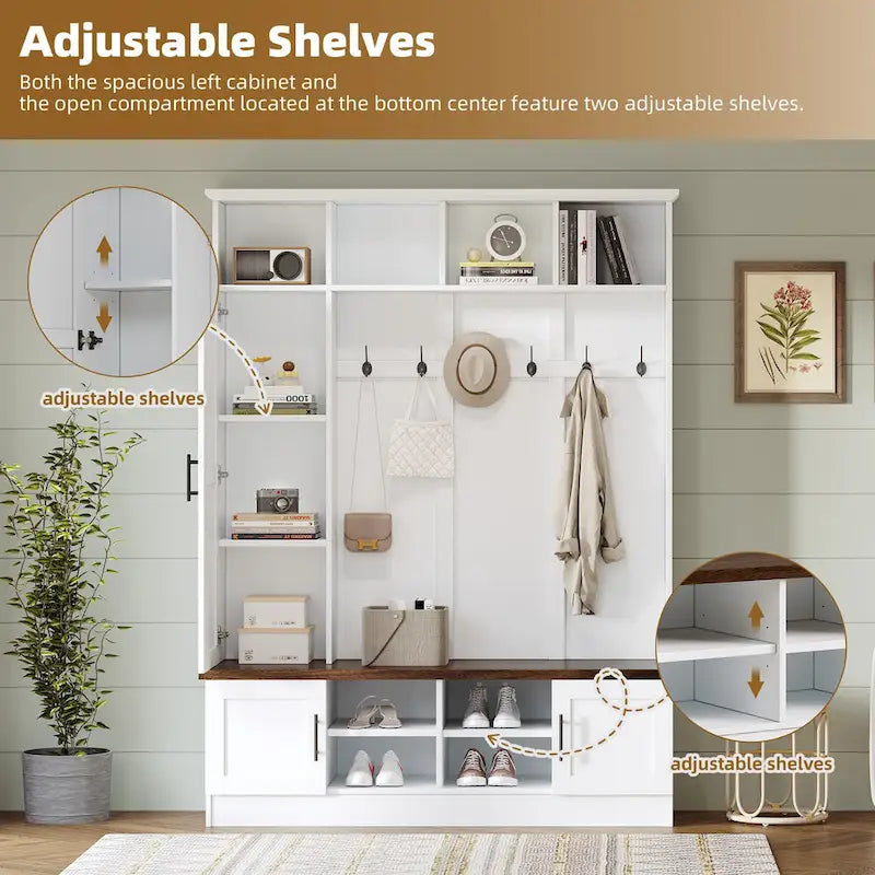 Hall Tree with Shoe Cubbies, Coat Rack and Storage Bench