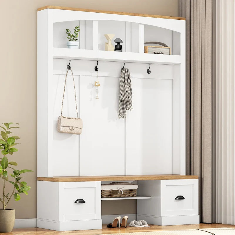 Hall Tree with Shoe Cubbies, Coat Rack and Storage Bench