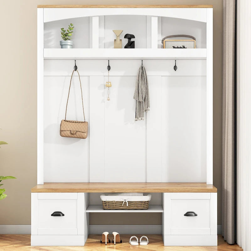 Hall Tree with Shoe Cubbies, Coat Rack and Storage Bench