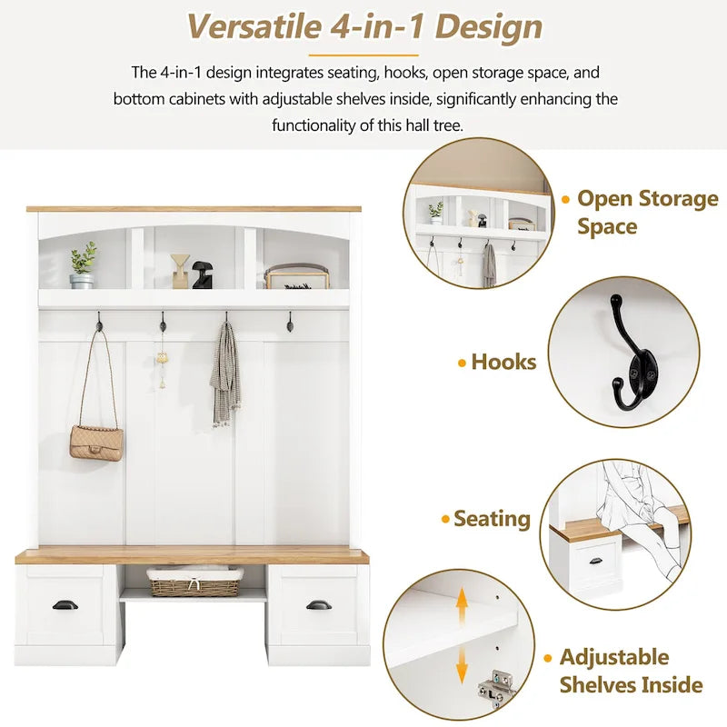 Hall Tree with Shoe Cubbies, Coat Rack and Storage Bench
