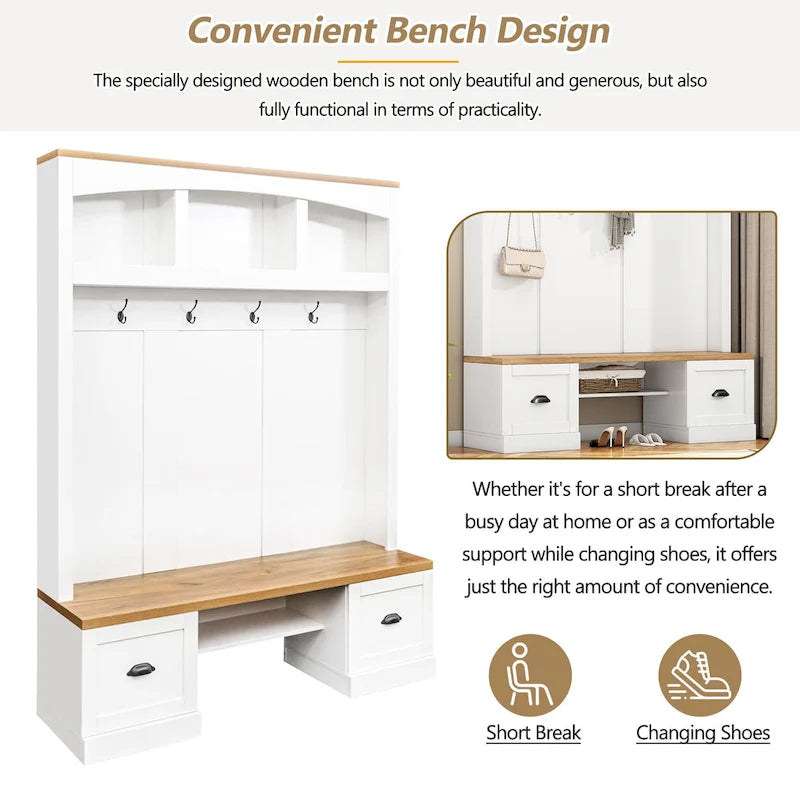Hall Tree with Shoe Cubbies, Coat Rack and Storage Bench