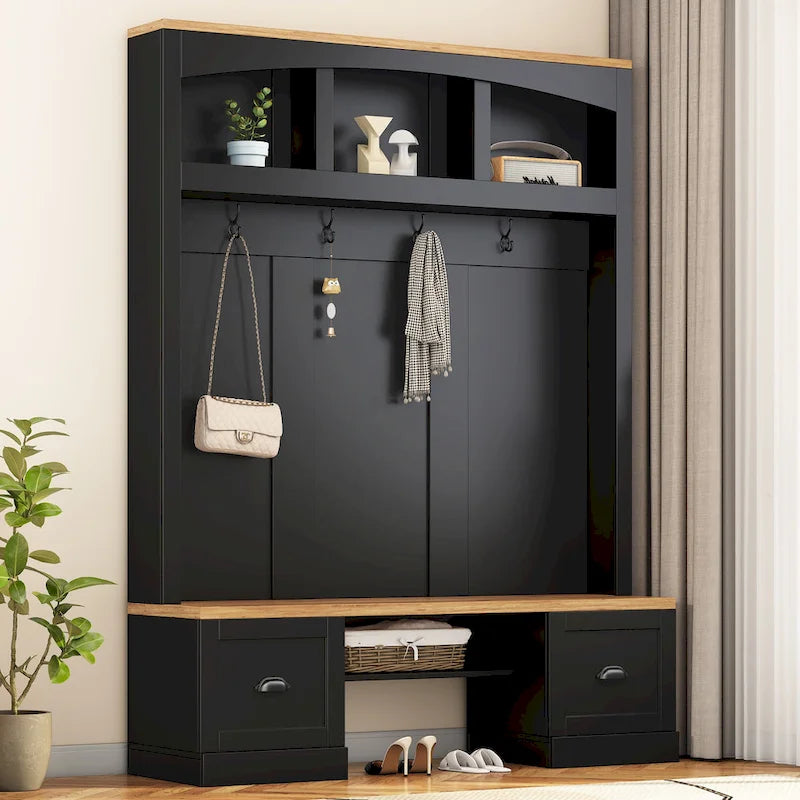 Hall Tree with Shoe Cubbies, Coat Rack and Storage Bench