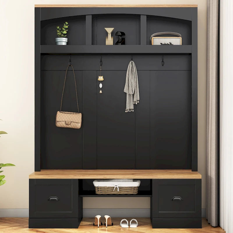 Hall Tree with Shoe Cubbies, Coat Rack and Storage Bench