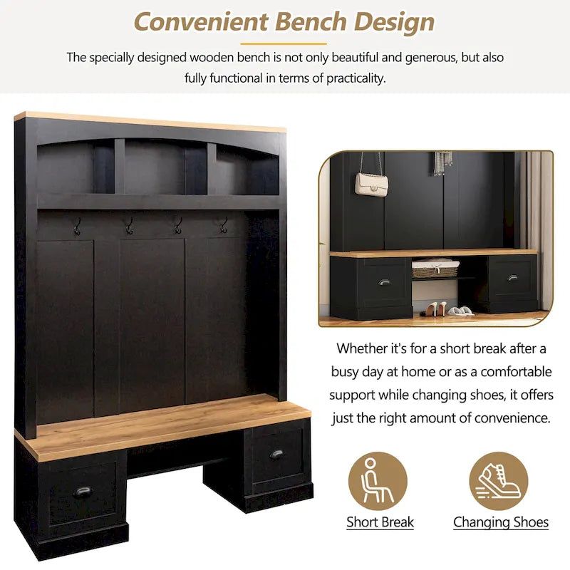 Hall Tree with Shoe Cubbies, Coat Rack and Storage Bench