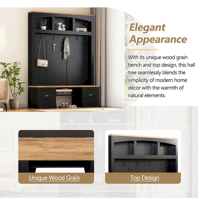 Hall Tree with Shoe Cubbies, Coat Rack and Storage Bench