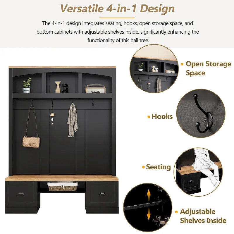 Hall Tree with Shoe Cubbies, Coat Rack and Storage Bench