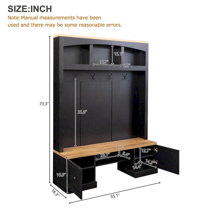 Hall Tree with Shoe Cubbies, Coat Rack and Storage Bench