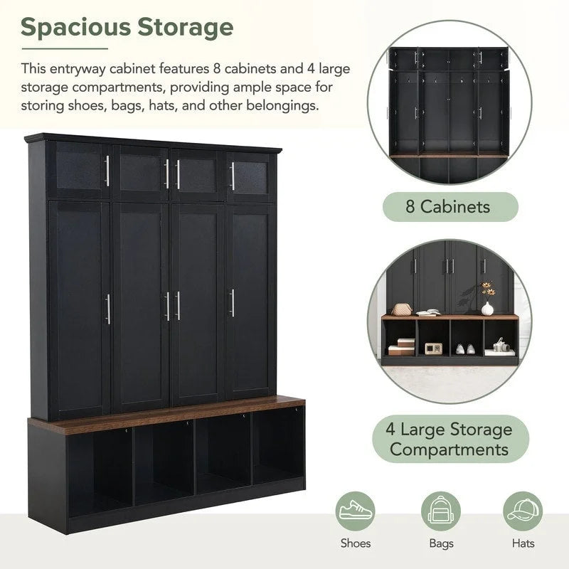 Hall Tree with Shoe Cubbies, Coat Rack and Storage Bench