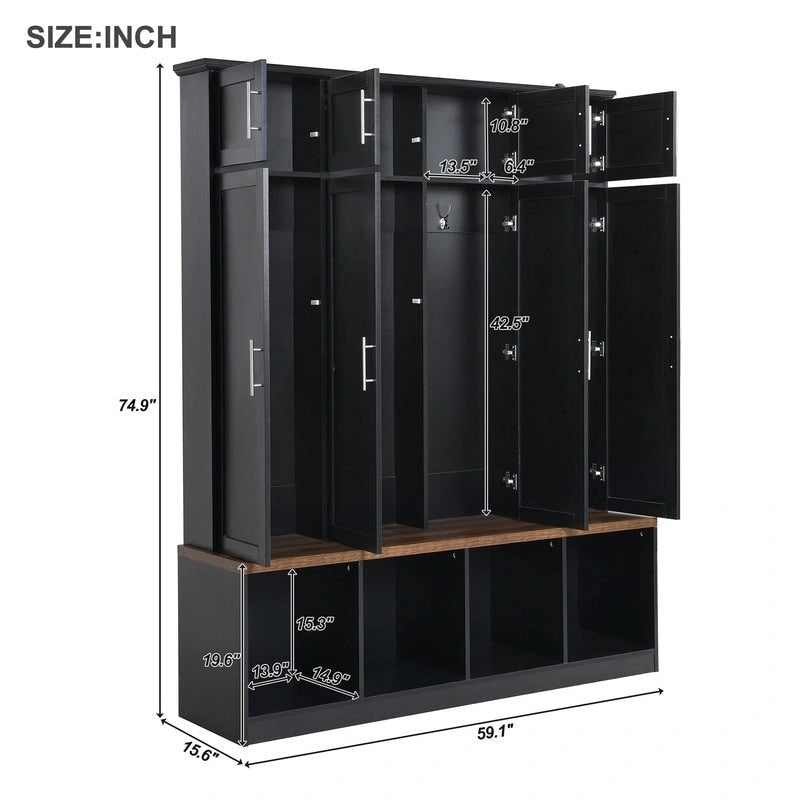 Hall Tree with Shoe Cubbies, Coat Rack and Storage Bench
