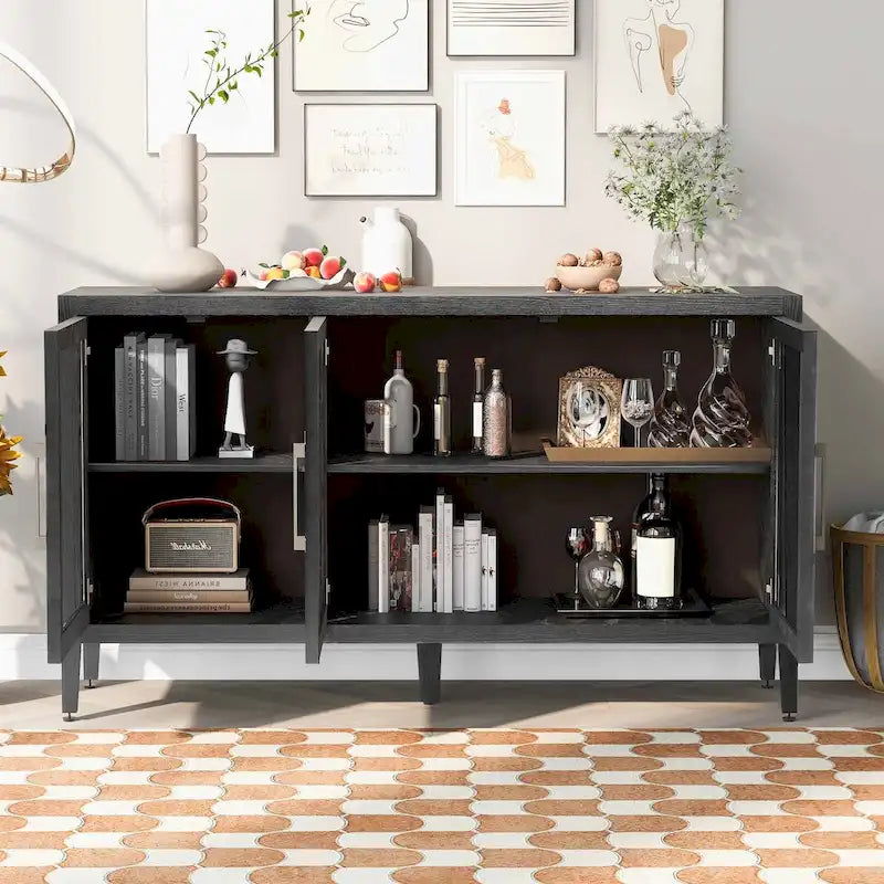34 Inch Tall 3-Door Accent Cabinet with Glass Doors and Adjustable Shelf