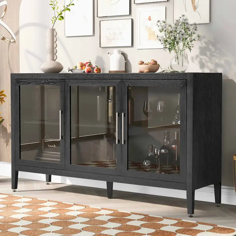 34 Inch Tall 3-Door Accent Cabinet with Glass Doors and Adjustable Shelf