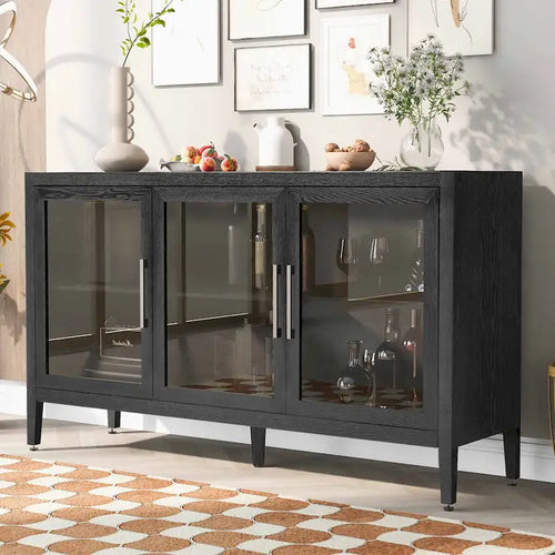 34 Inch Tall 3-Door Accent Cabinet with Glass Doors and Adjustable Shelf